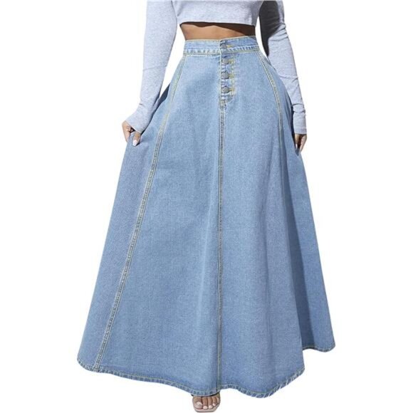 Women's Retro High Waisted Button Maxi Skirts Light Blue - Picture 1 of 4